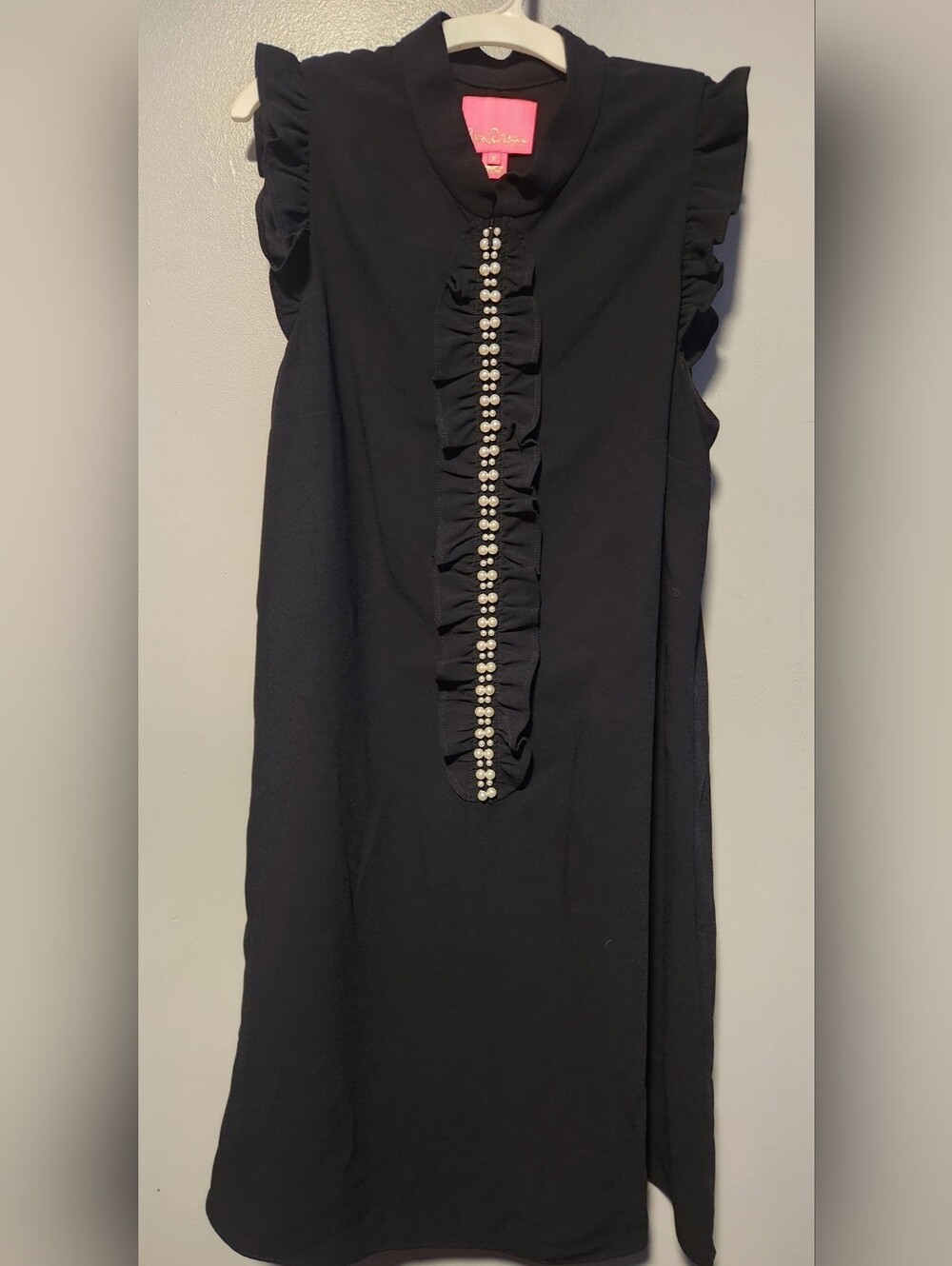 Lilly Pulitzer Black Sleeveless Shift Dress with Pearl-Trim Ruffle